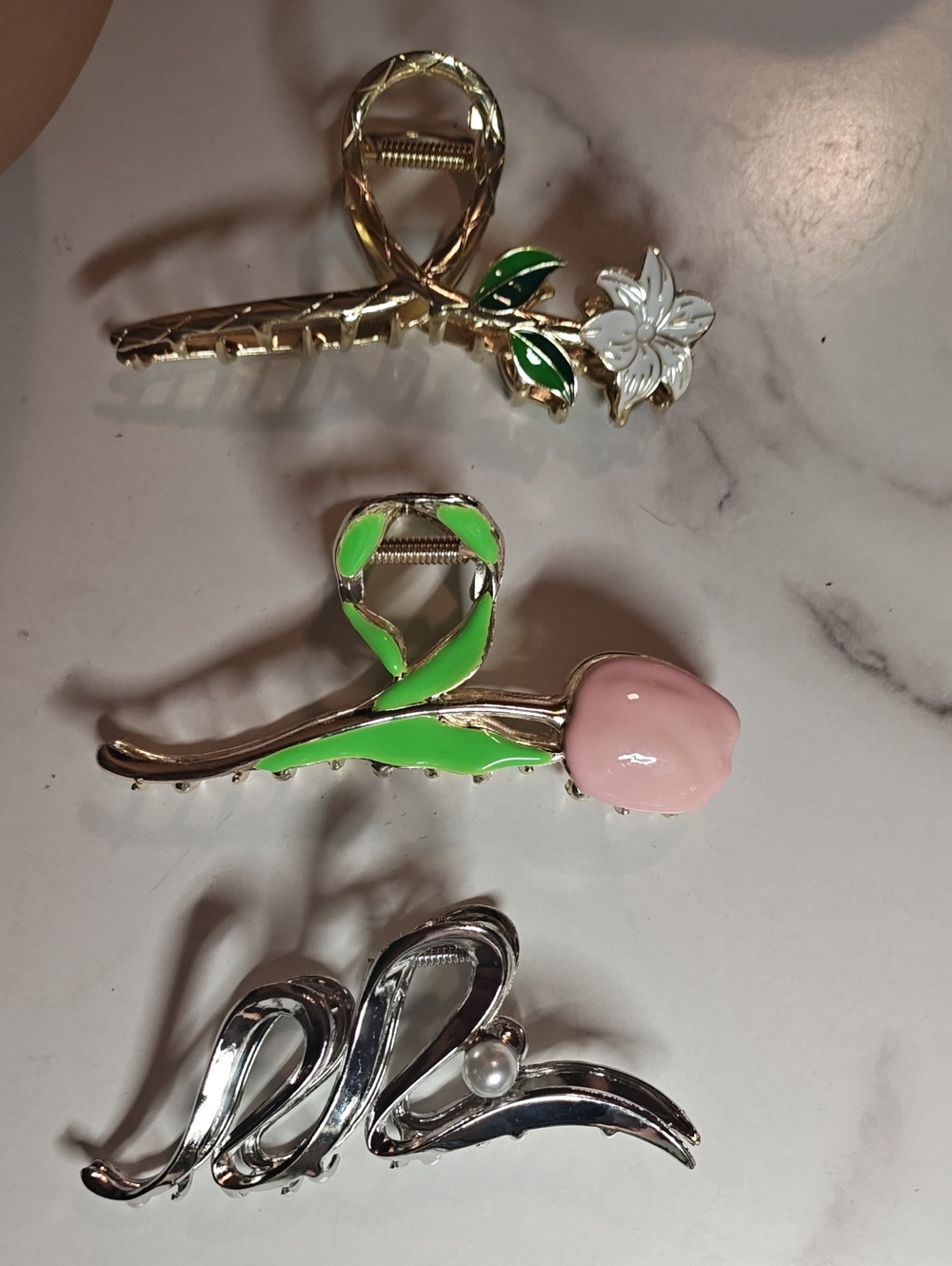 Women’s Floral Enamel Hair Clips - Pink, Green, Gold